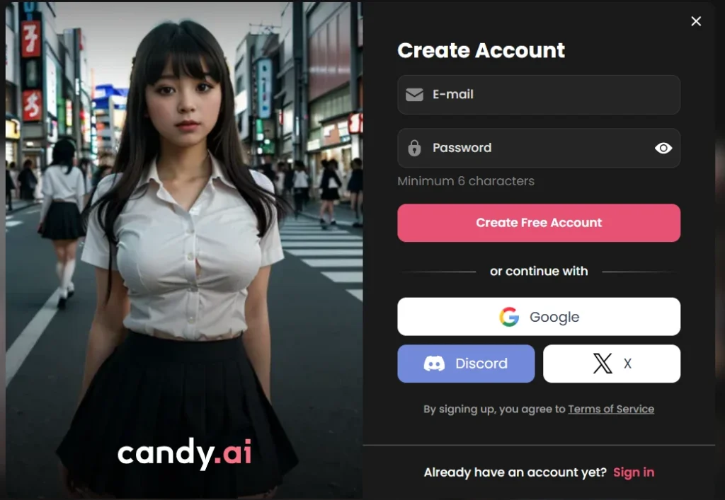 a screenshot of a candy Ai sign up interface